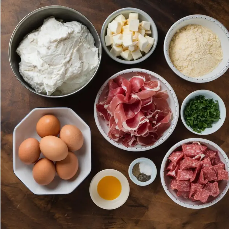 Ingredients for Pizza Rustica Recipe filling, including ricotta cheese, cubed mozzarella, grated Parmesan, prosciutto, salami, eggs, and fresh parsley, arranged on a wooden surface. A rich and savory mix for the traditional Italian Easter Pie.