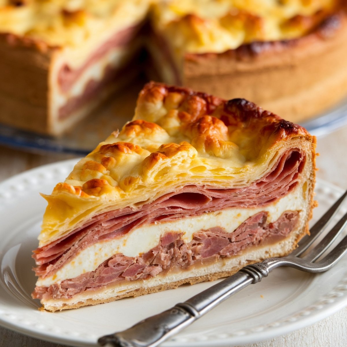 A slice of Pizza Rustica Recipe, an Italian Easter Pie, featuring layers of cured meats, ricotta cheese, and flaky golden crust, served on a white plate with a fork. A traditional savory pie perfect for Easter and special occasions.