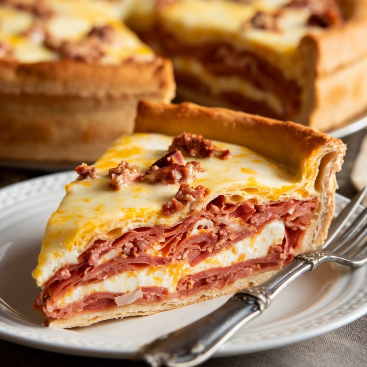 A slice of Pizza Rustica Recipe, a traditional Italian Easter Pie, featuring layers of prosciutto, salami, ricotta, and mozzarella encased in a golden, flaky crust. A rich and savory dish perfect for Easter and holiday celebrations.