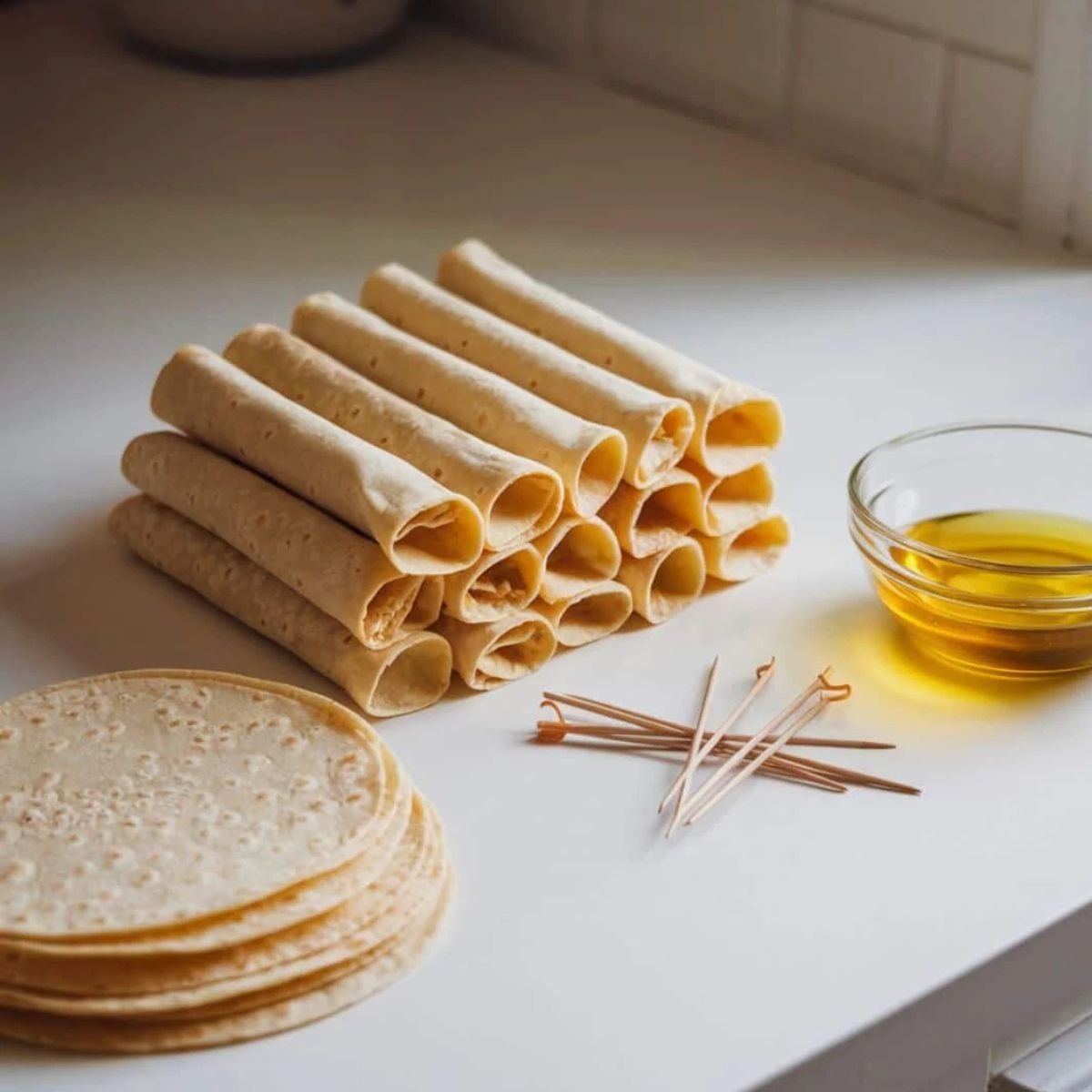 Preparing homemade Beef Taquitos recipe with rolled tortillas, toothpicks, and oil, ready for frying. A step-by-step guide to making crispy and delicious taquitos at home.