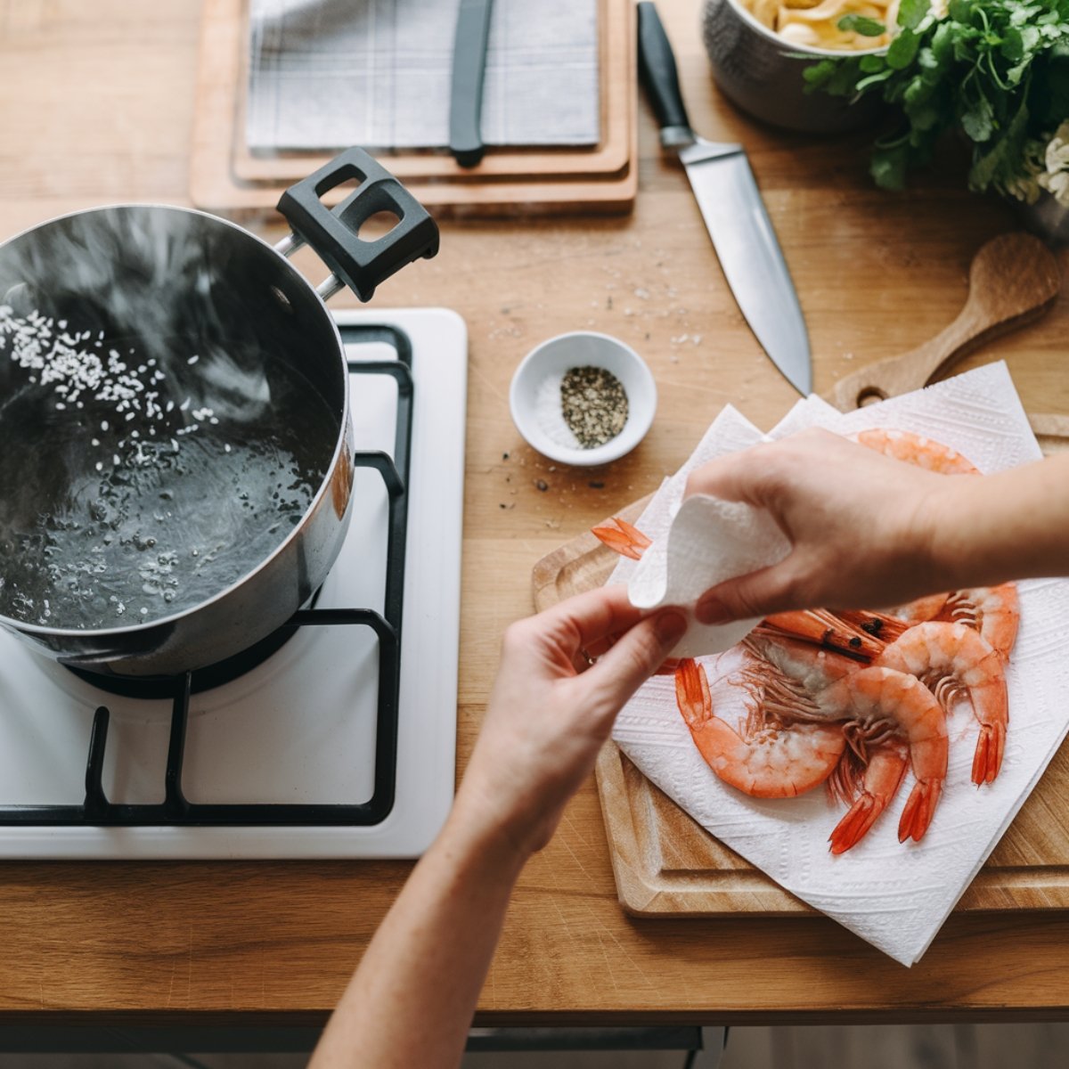 Preparing ingredients for Garlic Butter Shrimp and Pasta, featuring a pot of salted boiling water on the stove, fresh shrimp being patted dry on a wooden cutting board, and a small dish of black pepper for seasoning. A well-organized kitchen setup ensures a smooth cooking process for this flavorful seafood pasta dish.