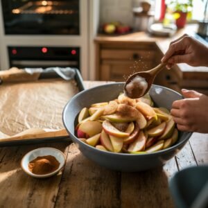 A cozy kitchen scene where apple slices are being tossed with sugar and cinnamon in a large mixing bowl, preparing for a Puff Pastry Apple Tart. A parchment-lined baking sheet is ready in the background, and the warm, rustic setting highlights the homemade baking process.