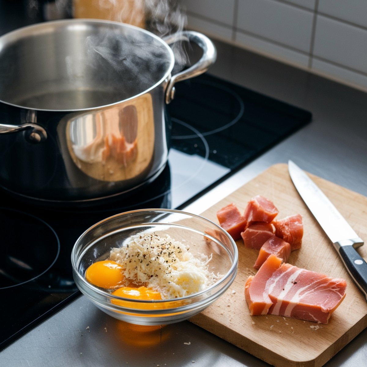 Preparing a Traditional Carbonara Recipe with fresh ingredients in the kitchen. A steaming pot of water sits on the stove, while a wooden cutting board holds diced pancetta and a sharp knife. In the foreground, a glass bowl contains egg yolks, grated Pecorino Romano cheese, and freshly ground black pepper, ready to be mixed into the perfect creamy carbonara sauce.