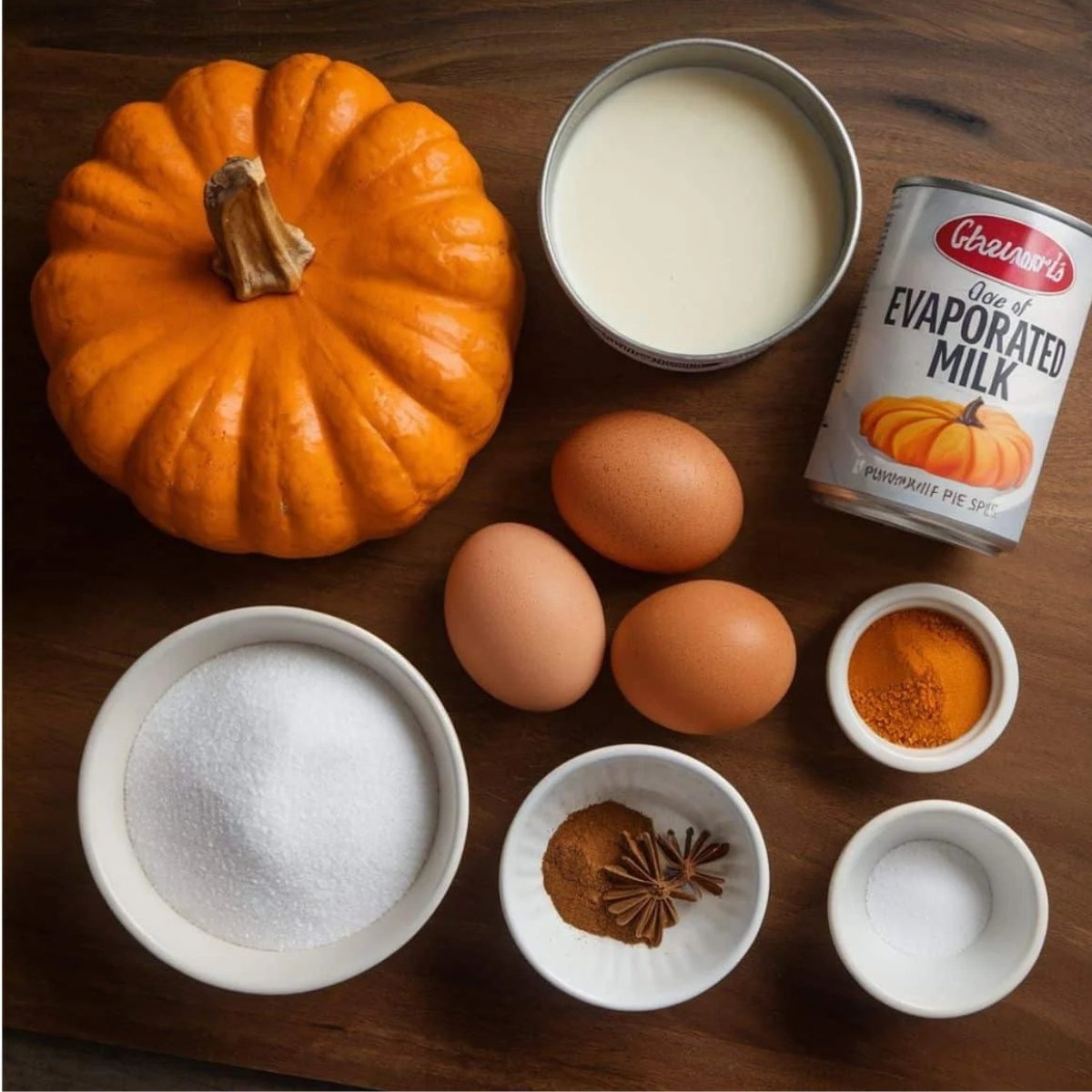 Ingredients for Pumpkin Dump Cake Recipe, including a fresh pumpkin, evaporated milk, eggs, sugar, cinnamon, nutmeg, and pumpkin spice, arranged on a wooden surface. A warm and cozy fall dessert made with simple ingredients.