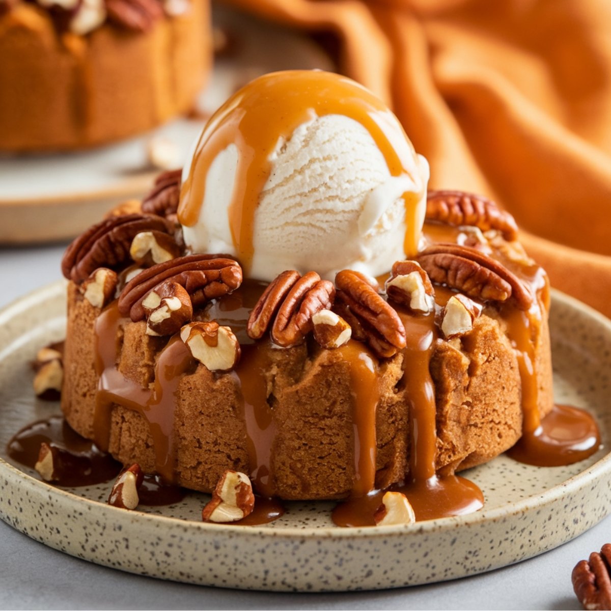 A rich and gooey Pumpkin Dump Cake Recipe topped with a scoop of vanilla ice cream, drizzled with caramel sauce, and garnished with crunchy pecans. A warm and cozy fall dessert perfect for the holiday season.