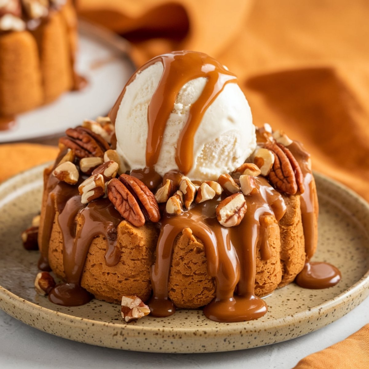 A warm and gooey Pumpkin Dump Cake Recipe topped with vanilla ice cream, drizzled with rich caramel sauce, and garnished with crunchy pecans. A delicious and easy fall dessert perfect for holidays and gatherings.