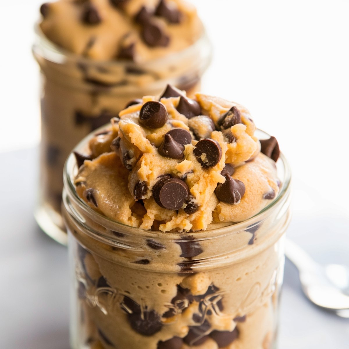 A glass jar filled with creamy, protein-packed cookie dough, generously studded with chocolate chips. This high-protein cookie dough recipe is a healthy, no-bake treat made with nutritious ingredients like protein powder, nut butter, and natural sweeteners. Perfect for a guilt-free snack or dessert.