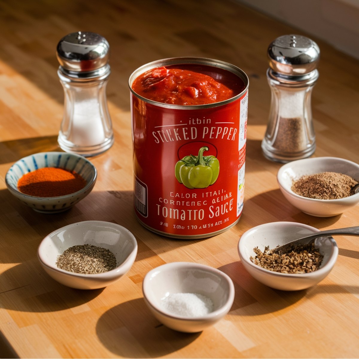 A can of tomato sauce labeled for Old Fashioned Stuffed Bell Peppers Recipe, surrounded by an assortment of seasonings and spices including salt, black pepper, paprika, and dried herbs on a wooden kitchen counter. This rich and savory sauce is a key ingredient for making classic comfort food stuffed peppers.