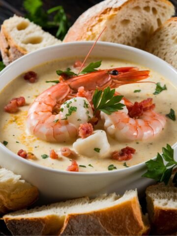 Rich and creamy hearty seafood chowder recipe featuring shrimp, scallops, and bacon in a flavorful, velvety broth. Garnished with fresh parsley and served with crusty bread for a comforting and delicious seafood dish.