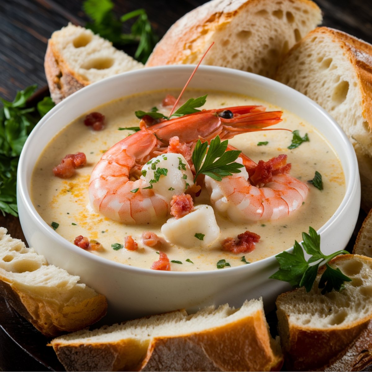 Rich and creamy hearty seafood chowder recipe featuring shrimp, scallops, and bacon in a flavorful, velvety broth. Garnished with fresh parsley and served with crusty bread for a comforting and delicious seafood dish.