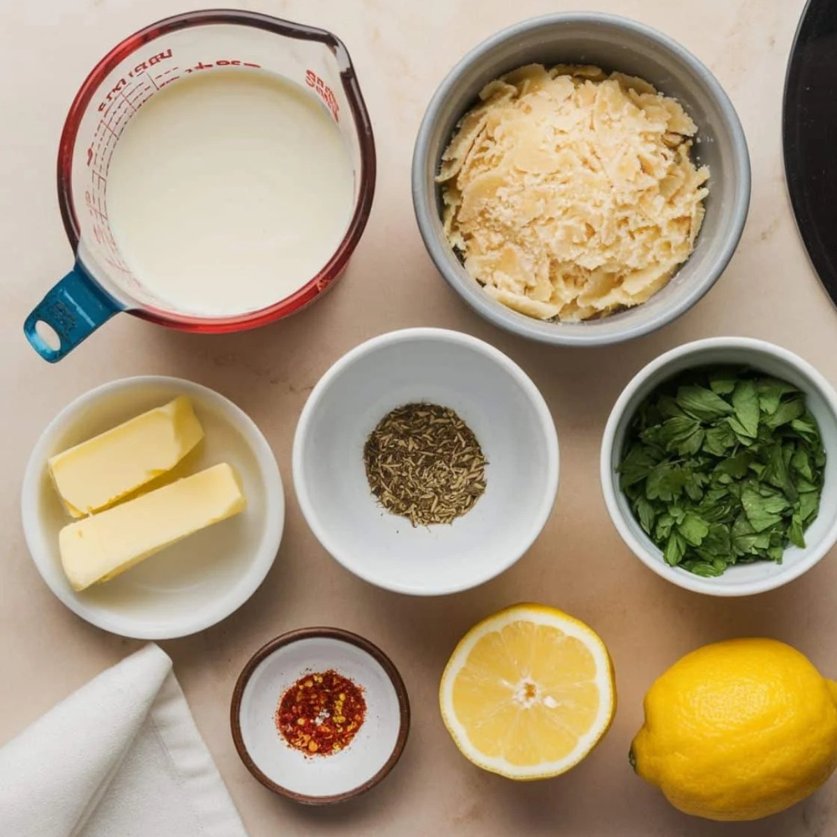 A top-down view of rich and creamy sauce ingredients for a seafood pasta recipe, including heavy cream, butter, parmesan cheese, fresh parsley, lemon, red pepper flakes, and aromatic herbs. These ingredients create a flavorful and velvety sauce that pairs perfectly with shrimp and mussels in a seafood pasta dish.