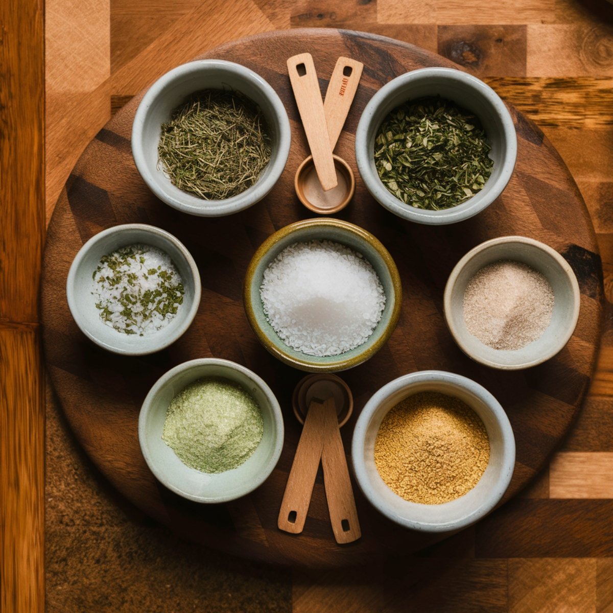 A rustic flat-lay of key ingredients for a Hillbilly Fish Fry Seasonings Recipe, featuring bowls of dried thyme, oregano, parsley, coarse salt, celery salt, ground mustard, and garlic powder. The herbs and spices are arranged on a wooden board with measuring spoons, creating a warm and inviting culinary setup perfect for Southern-style fried fish.