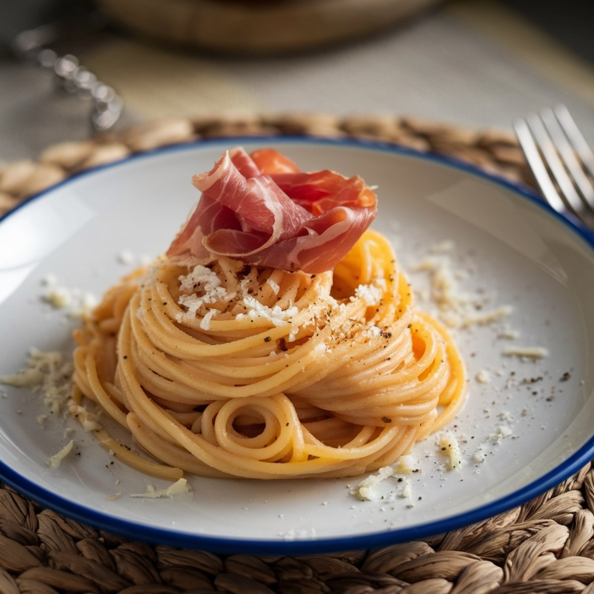 A delicious Traditional Carbonara Recipe featuring al dente spaghetti tossed in a creamy Pecorino Romano and black pepper sauce, elegantly topped with thinly sliced prosciutto. Served on a rustic white plate with a blue rim, this classic Italian dish showcases authentic flavors and textures, perfect for a comforting meal.