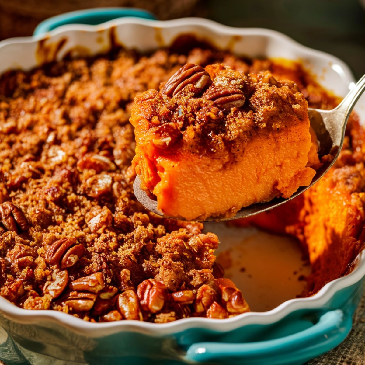 A rich and creamy Ruth's Chris Sweet Potato Casserole Recipe in a blue scalloped baking dish. A spoon lifts a smooth, velvety portion of sweet potato filling, topped with a crunchy pecan streusel made with brown sugar and butter. The golden-brown pecan topping glistens under warm natural lighting, enhancing the deep orange hue of the sweet potatoes. A perfect holiday side dish for Thanksgiving or special gatherings.