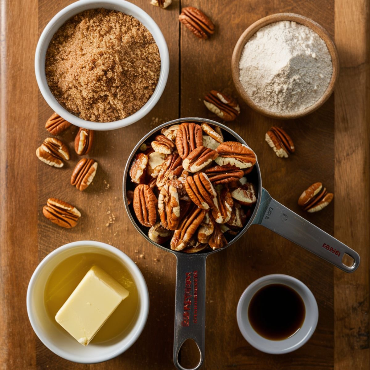 A beautifully arranged display of ingredients for the pecan topping of Ruth's Chris Sweet Potato Casserole Recipe. The image features a measuring cup filled with chopped pecans, a bowl of packed brown sugar, a small dish of all-purpose flour, a cup of melted butter with a pat of butter inside, and a small container of vanilla extract. Scattered pecans add texture to the rustic wooden surface, with warm natural lighting enhancing the rich, nutty tones.