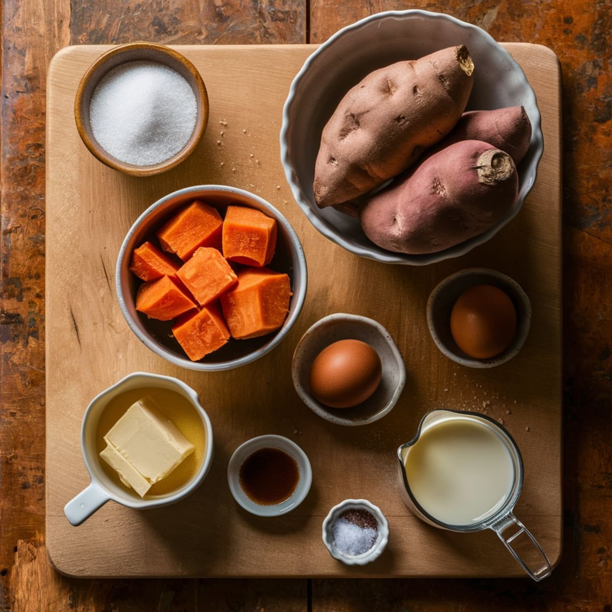 A beautifully arranged display of ingredients for Ruth's Chris Sweet Potato Casserole Recipe. The image features fresh whole sweet potatoes and peeled, cubed sweet potatoes in bowls. Other ingredients include a dish of granulated sugar, a measuring cup of whole milk, two fresh eggs, a small bowl of melted butter, vanilla extract, and a pinch of salt. The ingredients are set on a rustic wooden cutting board with warm, natural lighting, creating a cozy and inviting baking atmosphere.