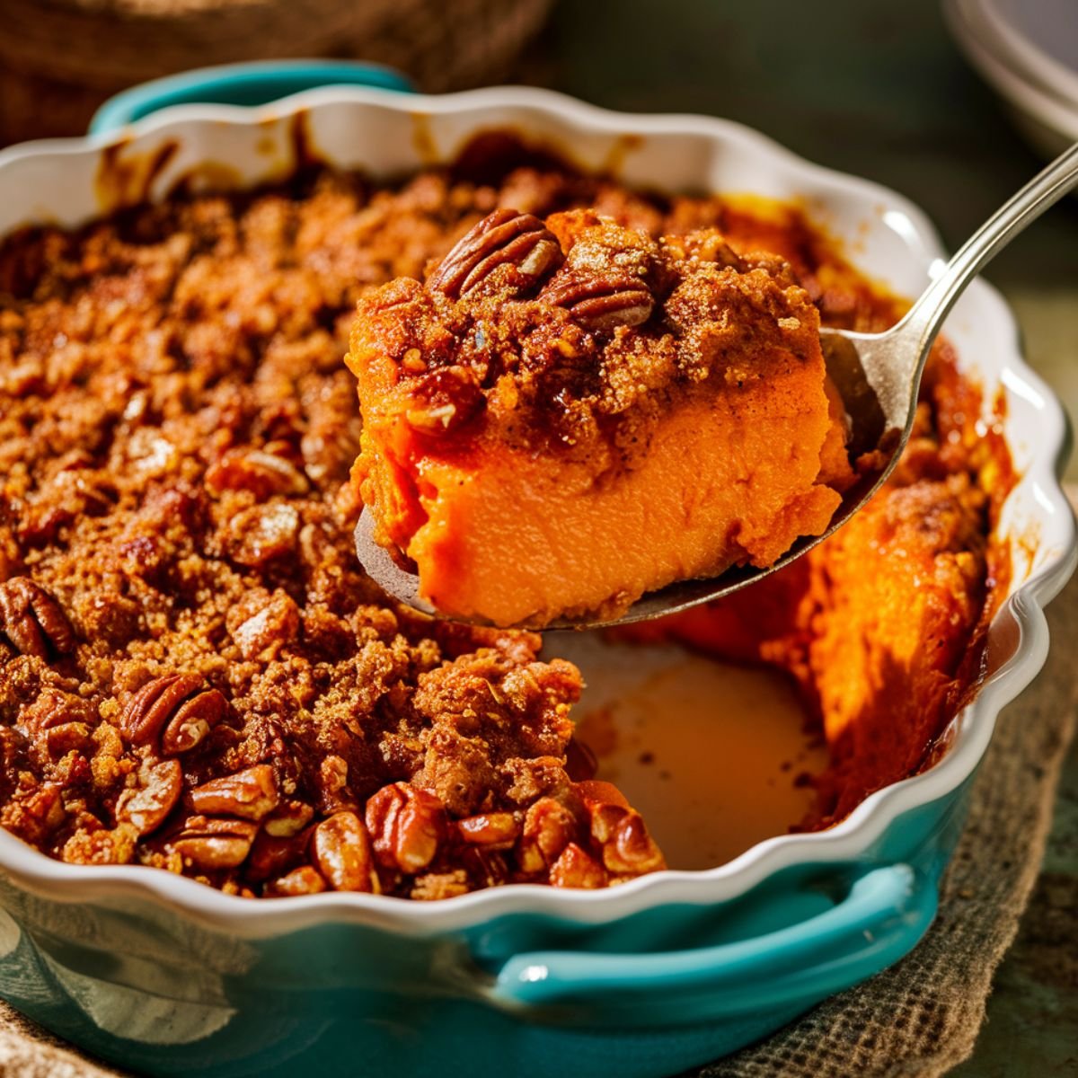 A freshly baked Ruth's Chris Sweet Potato Casserole Recipe served in a blue scalloped baking dish. A spoon lifts a creamy, smooth portion of sweet potato filling topped with a golden-brown pecan crumble. The crunchy topping is packed with caramelized pecans and brown sugar, perfectly complementing the soft, velvety sweet potato base. Warm natural lighting highlights the rich orange hue and crispy texture, creating an inviting, home-cooked feel.