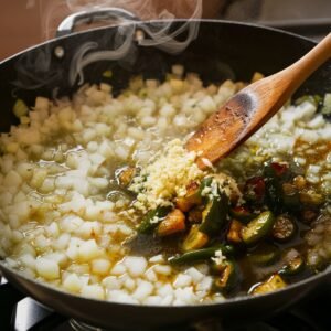 Sautéing diced onions, minced garlic, and roasted poblano peppers in a sizzling skillet for an authentic Calabacitas recipe. The steam rising from the pan captures the rich aroma of this traditional Mexican zucchini dish, which is a flavorful and healthy vegetarian meal.