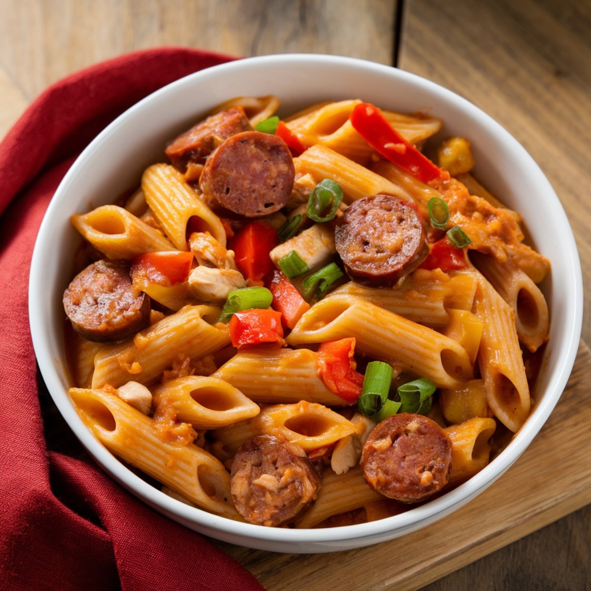 A hearty bowl of pastalaya featuring penne pasta, smoky andouille sausage, tender chicken, and a rich Cajun-spiced tomato sauce, garnished with fresh green onions and red bell peppers. This flavorful pastalaya recipe is a perfect one-pot Louisiana comfort dish.