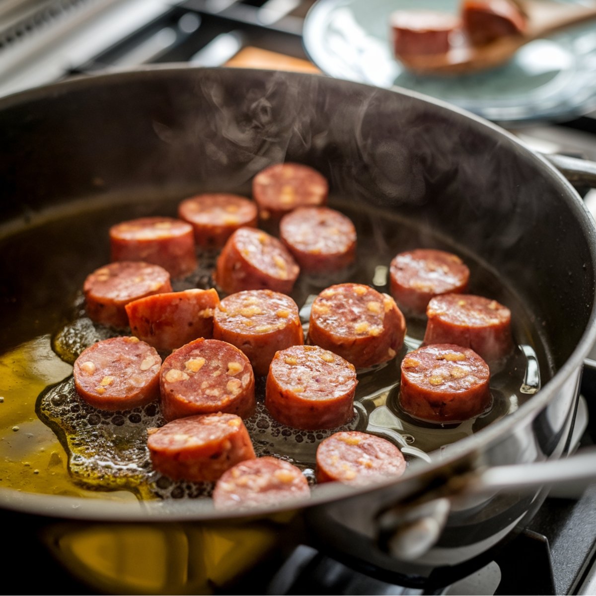 Golden-browned andouille sausage slices sizzling in a pan with hot olive oil, releasing rich Cajun flavors. This essential step in the pastalaya recipe builds a smoky and savory base for this classic Louisiana-inspired dish.