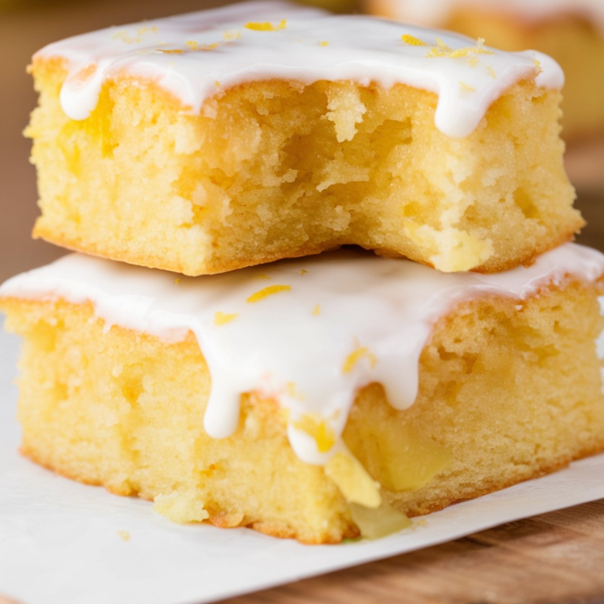 A close-up of soft and chewy lemon brownies Recipe, topped with a luscious sweet lemon glaze. The golden-yellow brownies have a moist, dense texture, with a bite taken out of the top piece, revealing their tender crumb. Fresh lemon zest is sprinkled on top, enhancing the citrus flavor. A perfect dessert for lemon lovers, combining sweet and tangy flavors in every bite.