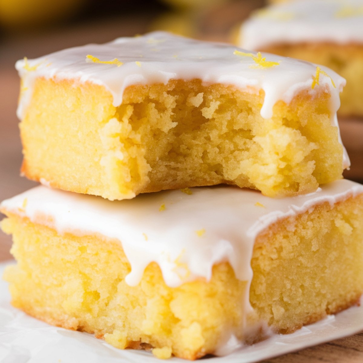 A close-up of delicious Lemon Brownies recipe ,featuring a soft, chewy texture and topped with a sweet, tangy lemon glaze. The bright yellow color and moist crumb highlight the fresh citrus flavor, with a bite taken out to reveal the fudgy interior. Garnished with fresh lemon zest, these lemon brownies are a perfect dessert for citrus lovers.