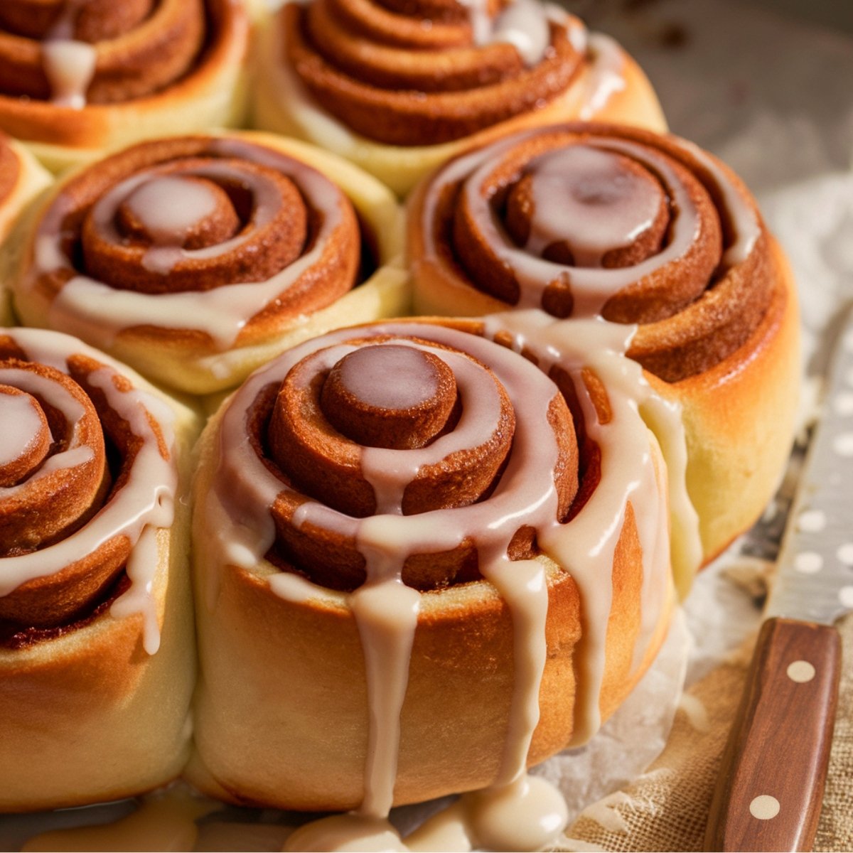 A batch of soft and fluffy Cake Mix Cinnamon Rolls, freshly baked and drizzled with a rich vanilla glaze. The golden-brown swirls are perfectly layered, resting on parchment paper with a vintage butter knife nearby, creating a warm and inviting homemade treat.