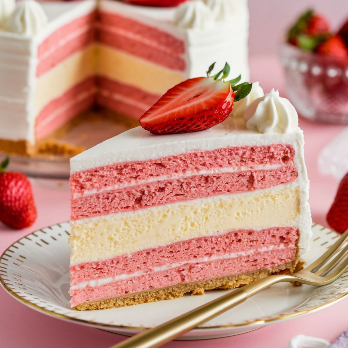 A beautifully layered Strawberry Cheesecake Cake Recipe featuring alternating layers of fluffy strawberry cake, creamy cheesecake, and velvety cream cheese frosting. Garnished with fresh strawberries and piped whipped cream, this indulgent dessert is the perfect combination of fruity and creamy flavors. A delightful treat for any occasion!