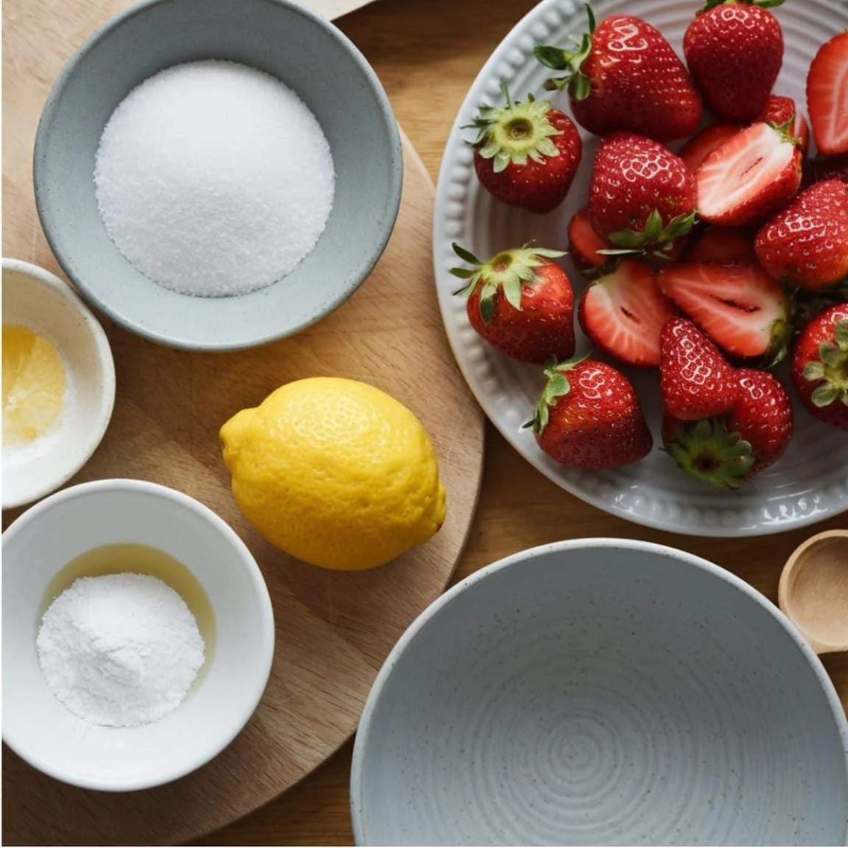 Fresh ingredients for the strawberry compote in the Strawberry Cheesecake Cake recipe, including ripe strawberries, granulated sugar, lemon juice, and cornstarch, arranged on a wooden surface. These ingredients create a sweet and tangy compote that enhances the cake’s fruity flavor.