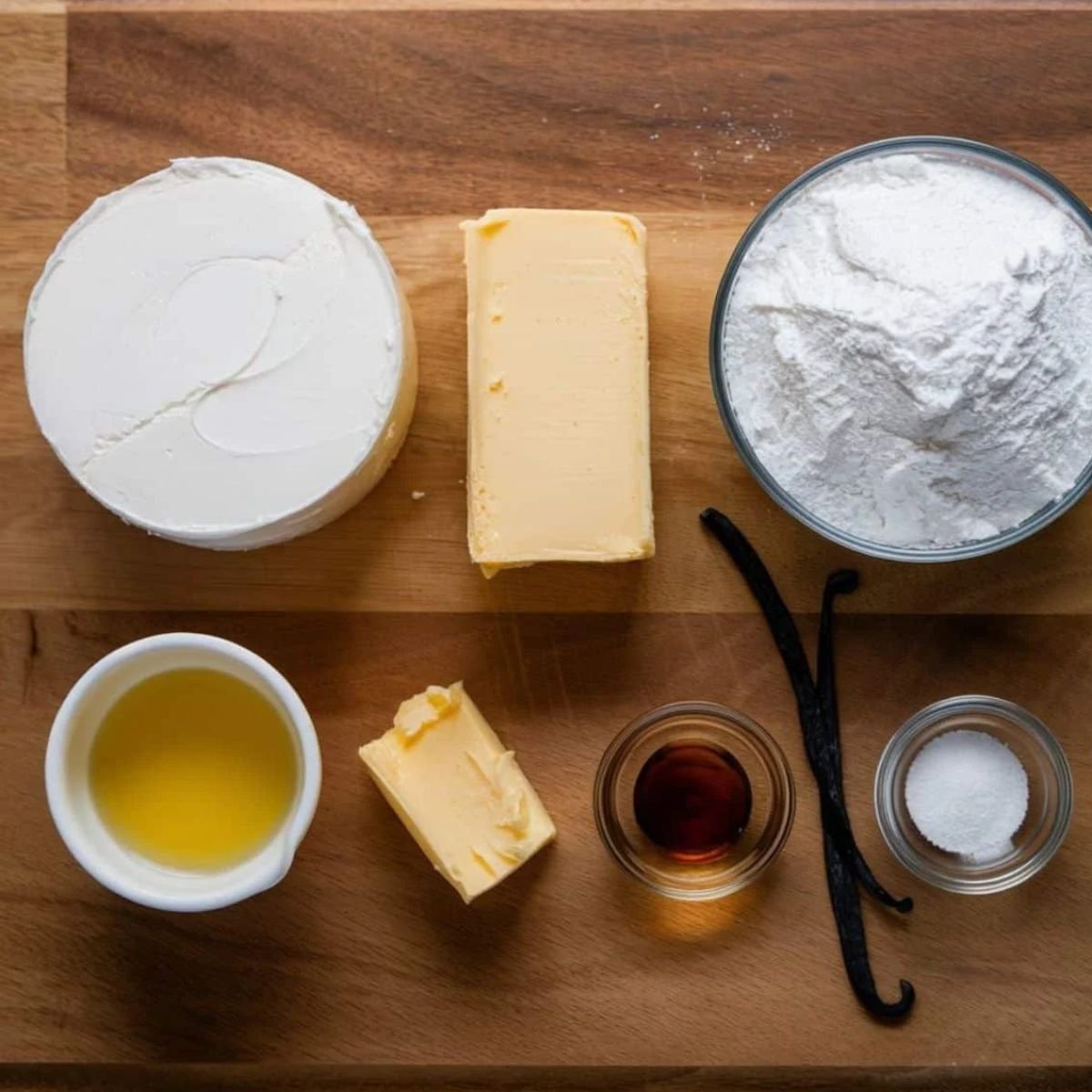 Ingredients for the cream cheese frosting in the Strawberry Cheesecake Cake recipe, including cream cheese, butter, powdered sugar, vanilla extract, and a hint of salt, arranged on a wooden surface. These ingredients create a rich, smooth, and velvety frosting that perfectly complements the cake layers.