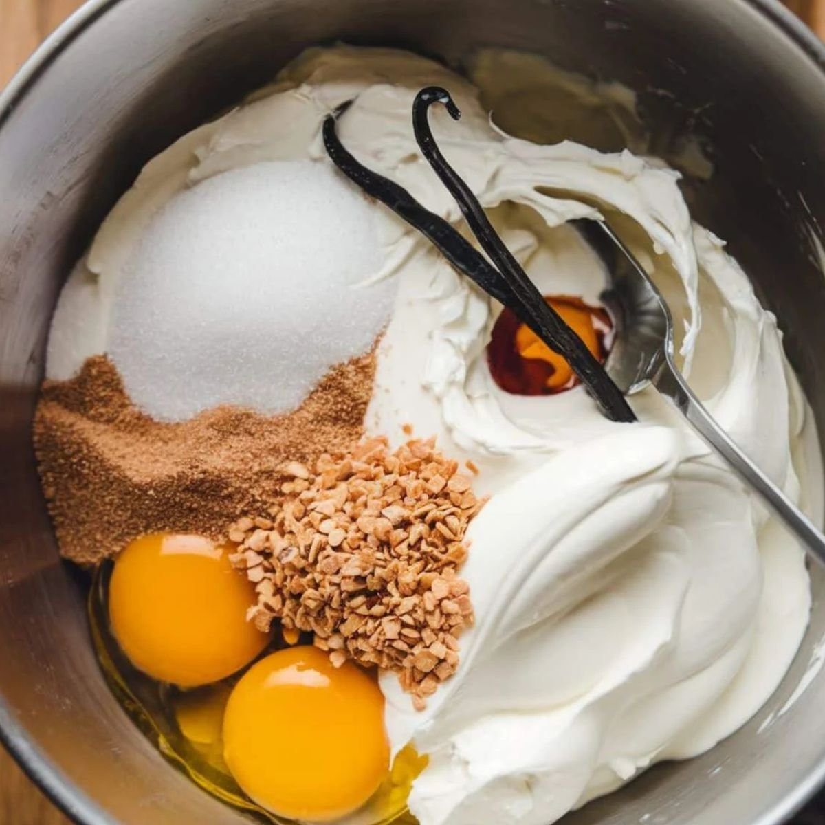 Ingredients for the creamy cheesecake layer in the Strawberry Cheesecake Cake recipe, including cream cheese, eggs, vanilla extract, sugar, brown sugar, and crunchy mix-ins, all in a mixing bowl ready to be blended into a smooth, rich cheesecake filling.