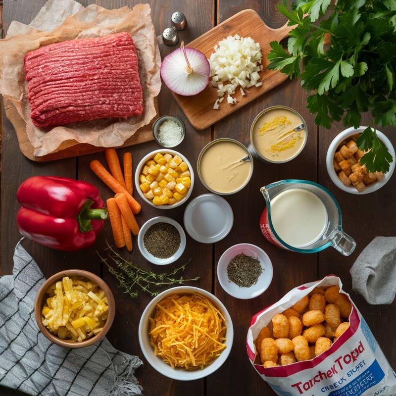 Ingredients for Tim Walz Hot Dish Recipe neatly arranged on a rustic wooden kitchen counter. Fresh ground beef on parchment paper, a diced red bell pepper, whole and chopped carrots, frozen corn, shredded cheddar cheese, tater tots, and an assortment of seasonings including thyme, salt, and pepper. Also featured are two open cans of cream soups (cream of mushroom and cream of chicken), a measuring cup filled with milk, and a cutting board with diced onions. A cozy and inviting setup for making this classic Minnesota comfort dish.