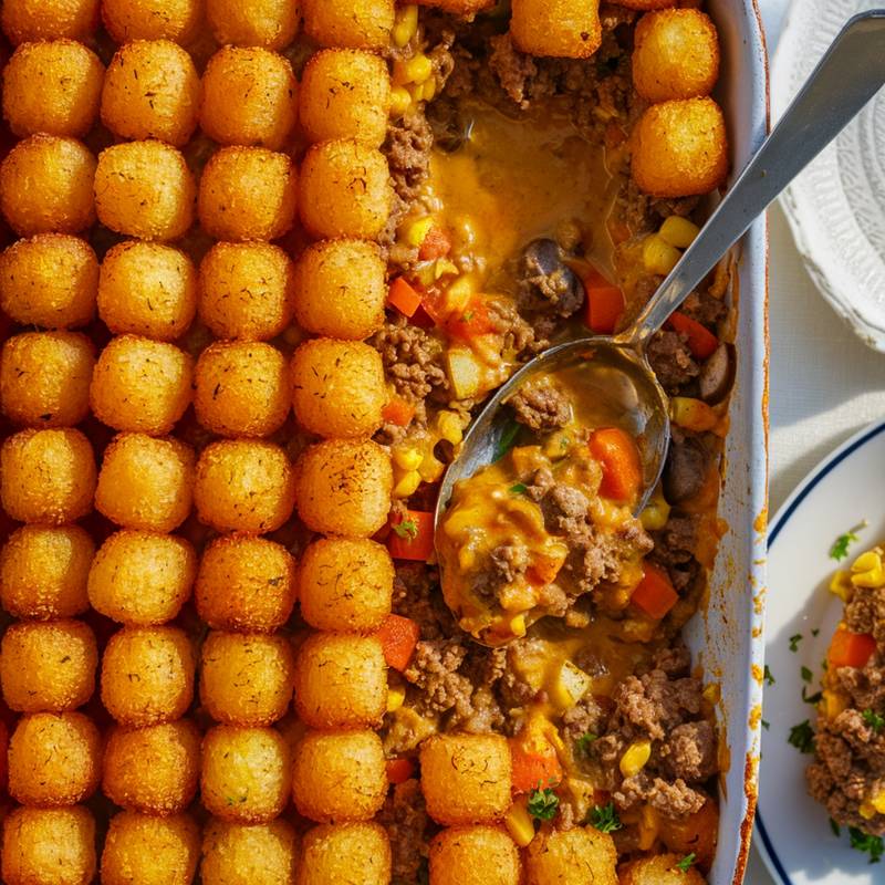 A close-up of a freshly baked Tim Walz Hot Dish Recipe in a white casserole dish. The dish features perfectly arranged, crispy golden tater tots on top of a rich, savory filling made with ground beef, diced carrots, corn, red bell peppers, mushrooms, and a creamy, cheesy sauce. A silver serving spoon scoops out a portion, revealing the hearty layers beneath. In the background, a white plate with a serving of the dish is garnished with fresh parsley, adding a touch of color. The warm lighting highlights the textures, making this classic Minnesota comfort food look extra inviting.