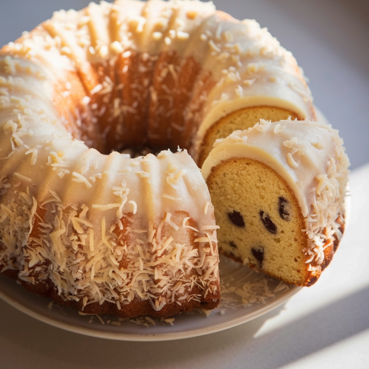 Tom Cruise Coconut Cake – A moist and fluffy bundt cake topped with creamy frosting and sprinkled with toasted coconut flakes, with a slice revealing a soft, rich interior with chocolate chips.