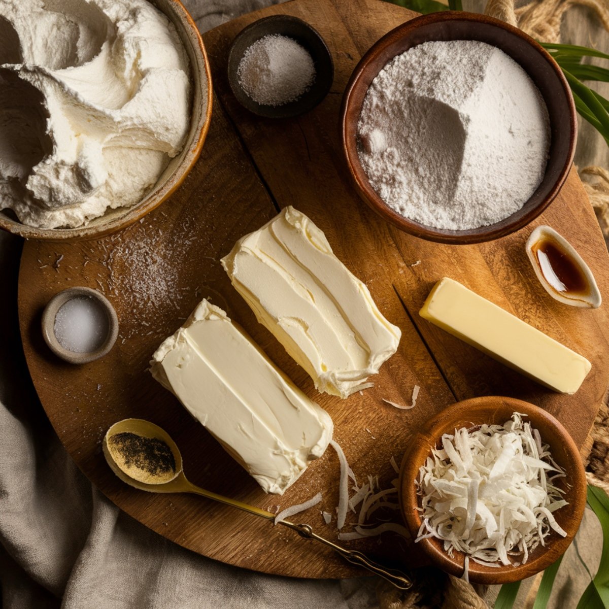 A rustic wooden board displaying the key ingredients for the rich cream cheese frosting of the Tom Cruise Coconut Cake, including cream cheese, butter, powdered sugar, vanilla extract, salt, and shredded coconut.