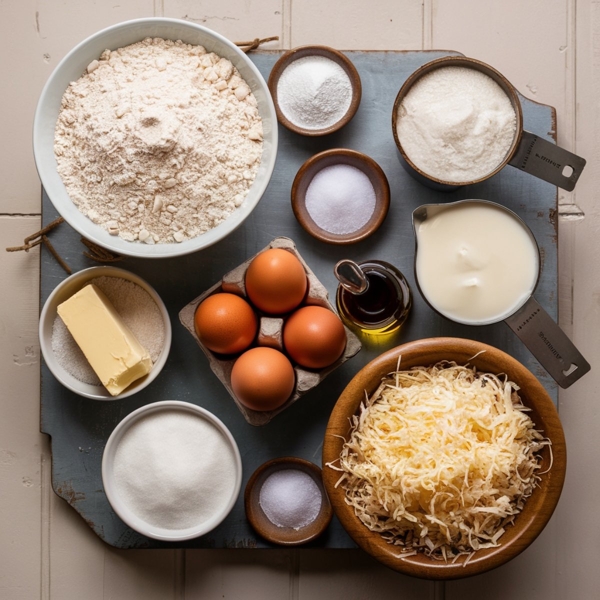 Top-down view of essential ingredients for the famous Tom Cruise Coconut Cake, including flour, sugar, eggs, butter, coconut milk, vanilla extract, and shredded coconut, neatly arranged on a rustic wooden board.