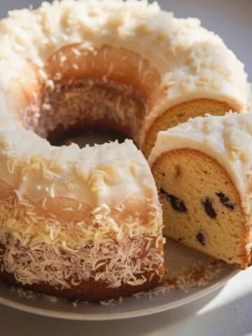 Tom Cruise Coconut Cake – A moist bundt cake topped with creamy frosting and sprinkled with toasted coconut flakes, with a slice revealing a soft, rich interior studded with chocolate chips.