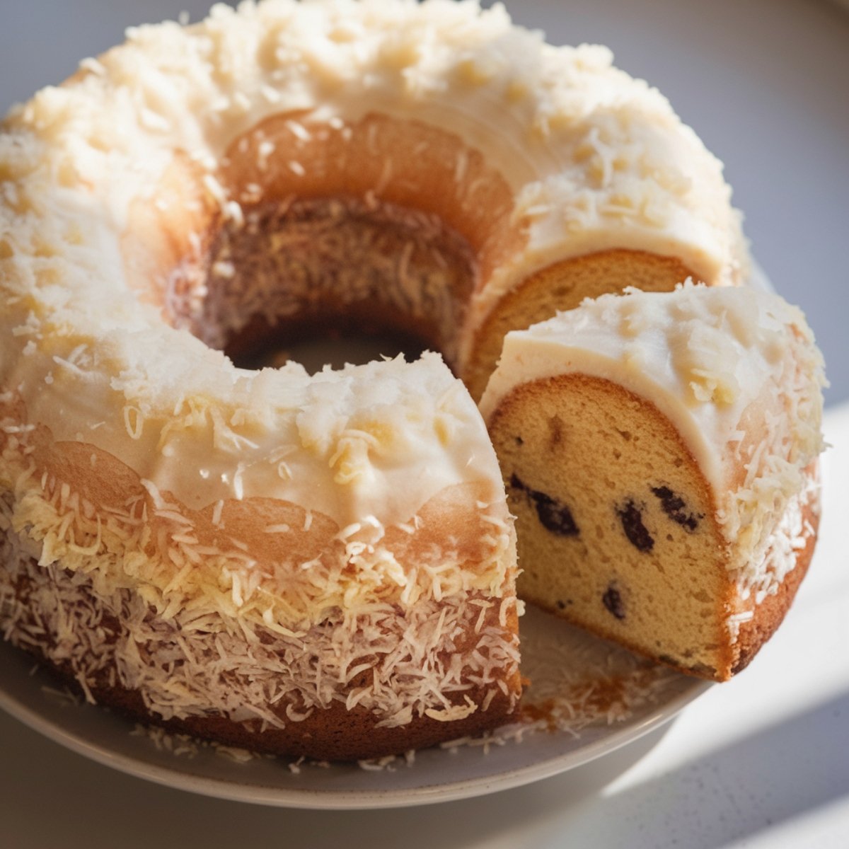 Tom Cruise Coconut Cake – A moist bundt cake topped with creamy frosting and sprinkled with toasted coconut flakes, with a slice revealing a soft, rich interior studded with chocolate chips.