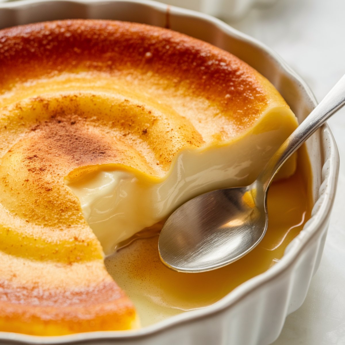 A creamy, golden-brown Amish Baked Custard in a white fluted dish, with a spoon scooping out a silky, smooth portion. The custard has a caramelized top with a dusting of cinnamon, and a pool of rich caramel sauce surrounding it. A classic, comforting dessert with a delicate texture.