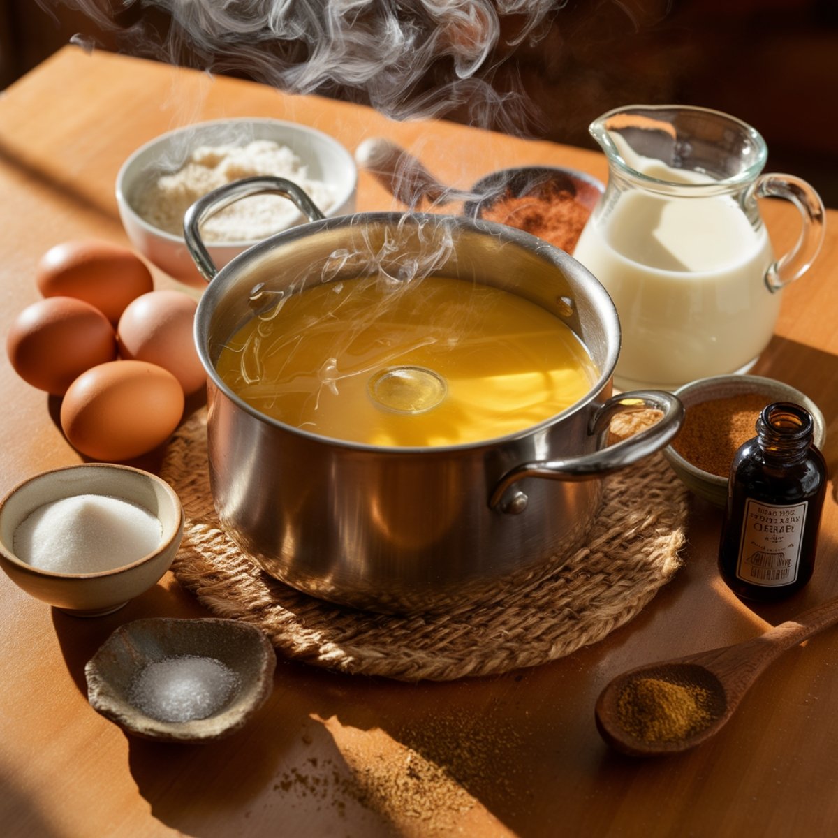 A warm pot of Amish Baked Custard mixture steaming on a rustic kitchen table, surrounded by fresh ingredients including eggs, sugar, milk, vanilla extract, and spices. The rich, golden custard base is being prepared for baking, showcasing the traditional homemade process of this comforting classic dessert.