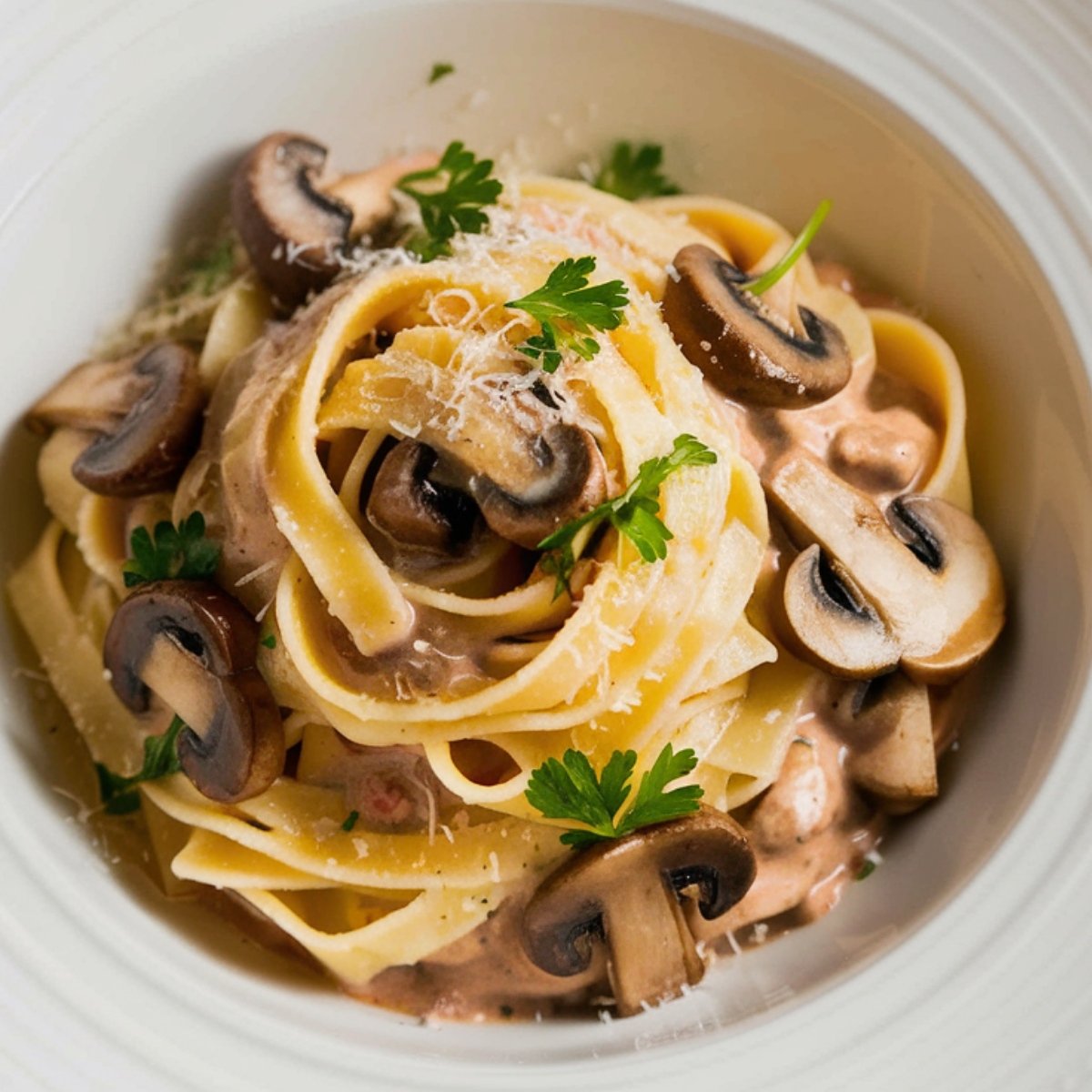 A beautifully plated Truffle Pasta Recipe, featuring creamy fettuccine with sautéed mushrooms, fresh parsley, and grated Parmesan cheese. A rich and earthy dish, elegantly garnished for a gourmet dining experience.