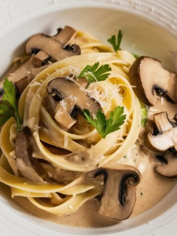 A luxurious Truffle Pasta Recipe featuring fettuccine coated in a rich, creamy truffle-infused sauce, garnished with sautéed mushrooms, fresh parsley, and grated Parmesan. A gourmet dish perfect for an indulgent and flavorful dining experience.