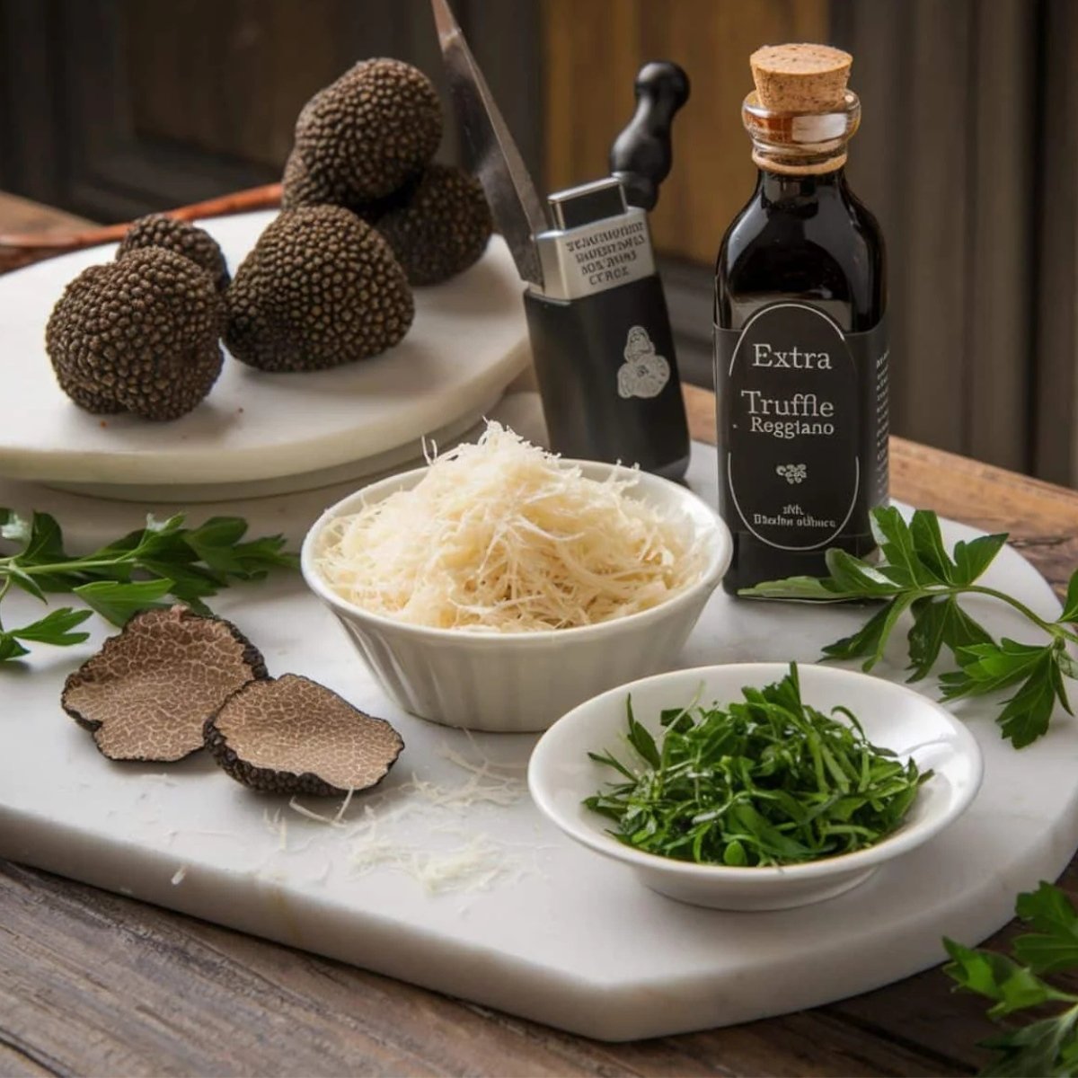 A gourmet selection of ingredients for a Truffle Pasta Recipe, featuring fresh black truffles, grated Parmesan cheese, truffle oil, and chopped parsley on a marble cutting board. Perfect for adding luxurious flavors to a creamy and indulgent pasta dish.