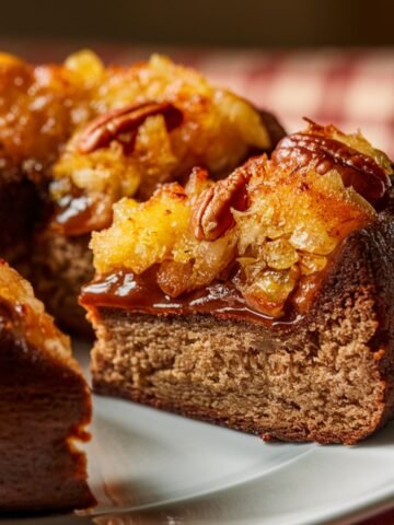 Delicious Upside Down German Chocolate Cake with a rich, moist chocolate base and a caramelized coconut and pecan topping. The golden-brown topping glistens with melted brown sugar and butter, creating a perfect balance of sweet and nutty flavors. Served on a white plate with a checkered background, this homemade dessert is a decadent twist on the classic German chocolate cake.