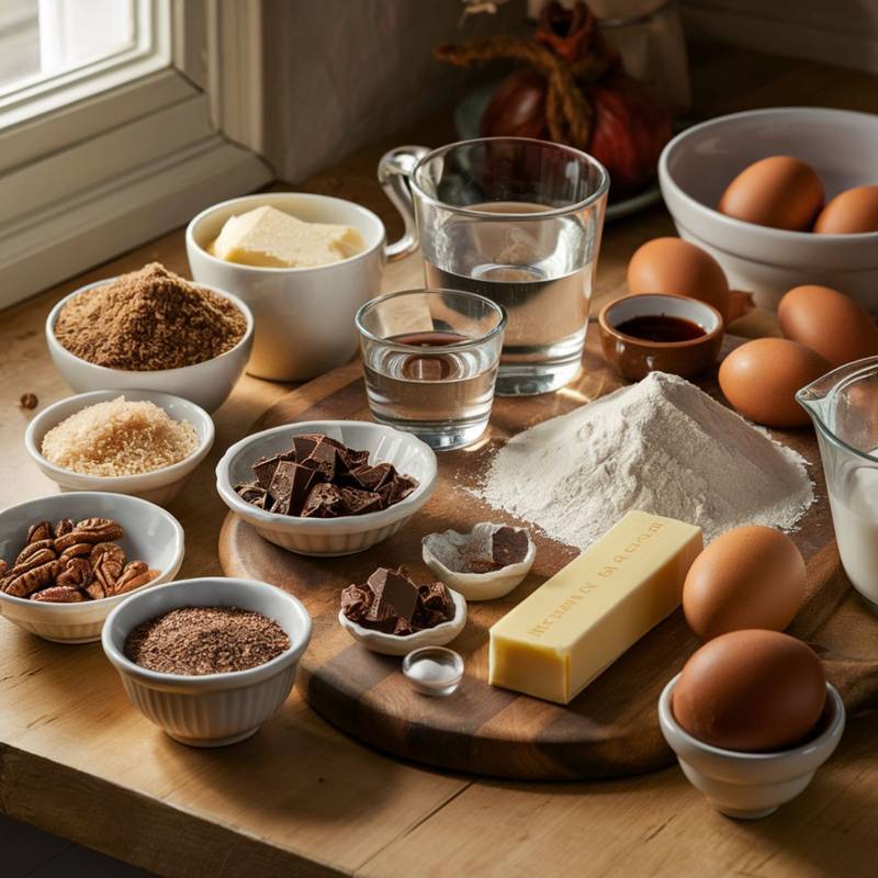 Ingredients for Upside Down German Chocolate Cake beautifully arranged on a rustic wooden kitchen counter. The setup includes flour, eggs, butter, chopped German chocolate, brown sugar, pecans, shredded coconut, vanilla extract, and buttermilk. A glass of water and a stick of butter sit among the essentials, ready to be mixed into the decadent cake batter. Natural lighting from a nearby window enhances the warm and inviting atmosphere of the baking process.