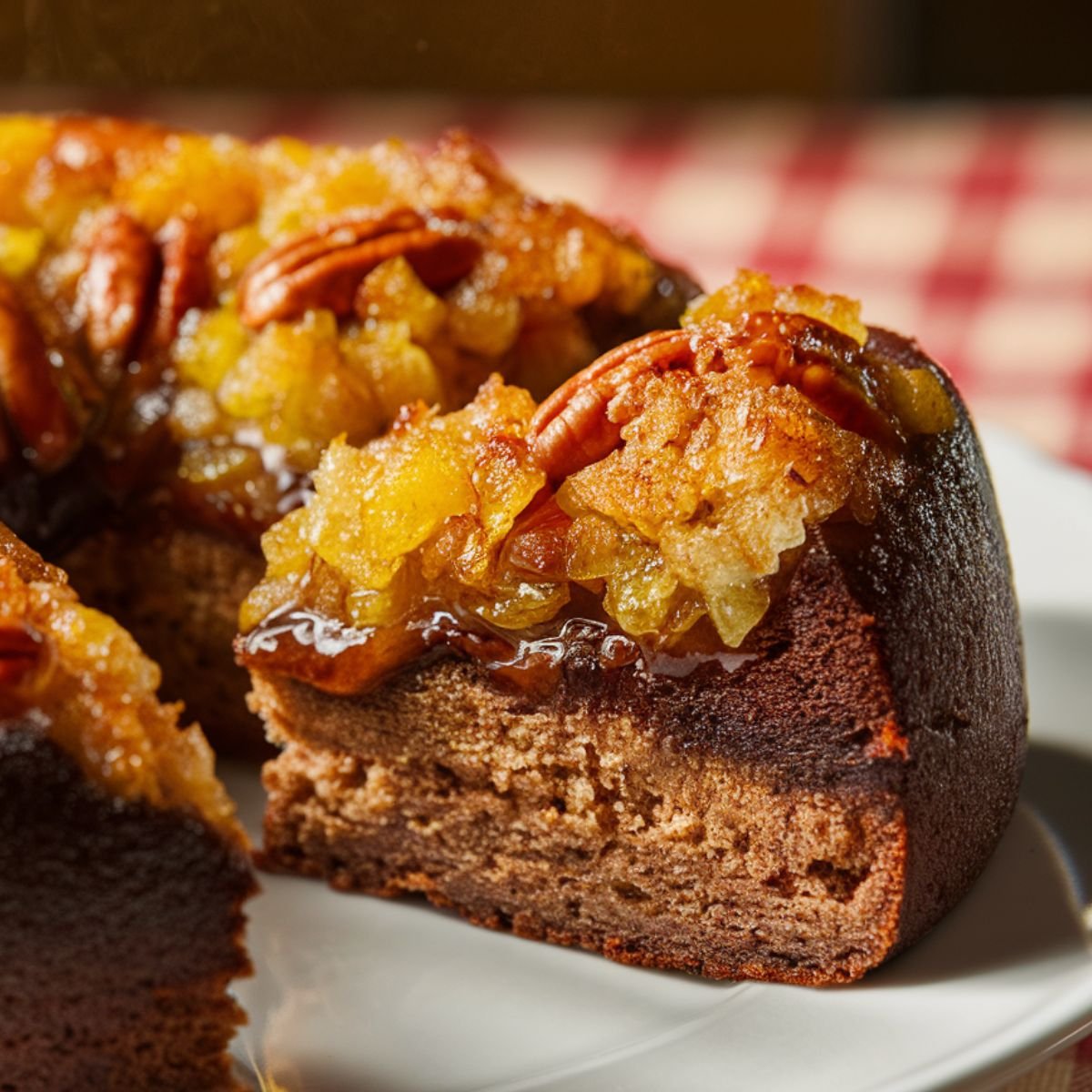 Close-up of a rich and moist Upside Down German Chocolate Cake with a caramelized pecan and coconut topping. The chocolate cake base is soft and fluffy, while the glossy, golden-brown topping glistens with melted brown sugar and butter. Served on a white plate with a checkered background, this decadent dessert combines sweet, nutty, and chocolate flavors in a perfect bite.