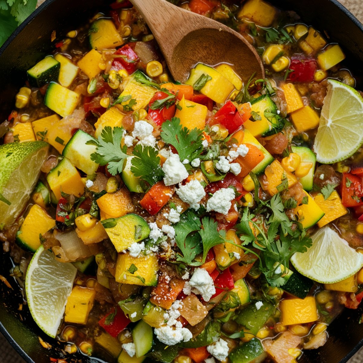 A vibrant and flavorful Calabacitas recipe in a cast-iron skillet, featuring sautéed zucchini, corn, red bell peppers, and tomatoes, garnished with fresh cilantro, crumbled queso fresco, and lime wedges. This traditional Mexican zucchini dish is a colorful and healthy vegetarian meal, perfect as a side or main course.