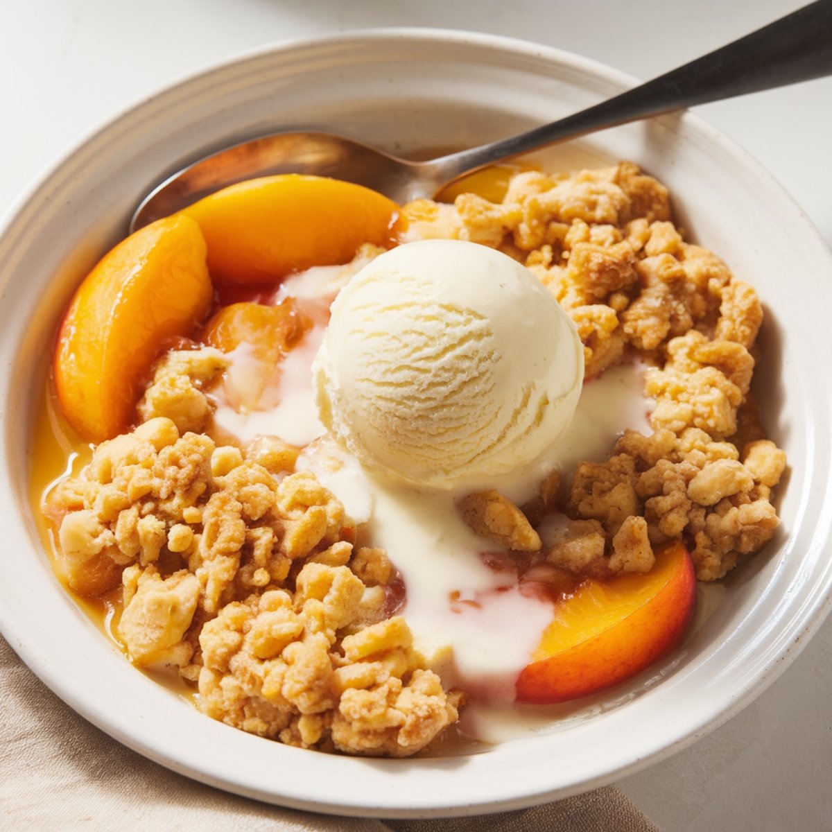 Warm peach crumble recipe served in a bowl with a scoop of vanilla ice cream. A sweet, golden crumble topping over juicy baked peaches, creating a comforting homemade dessert.