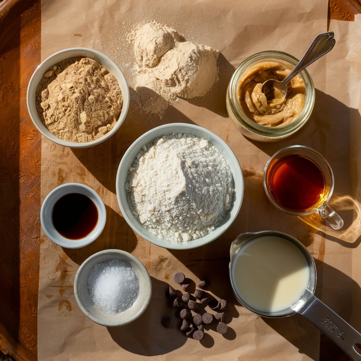 A flat-lay photograph showcasing wholesome ingredients for a protein cookie dough recipe, including protein powder, nut butter, vanilla extract, flour, chocolate chips, maple syrup, and a measuring cup of milk. These nutritious ingredients come together to create a healthy, high-protein, no-bake cookie dough for a delicious and guilt-free treat.