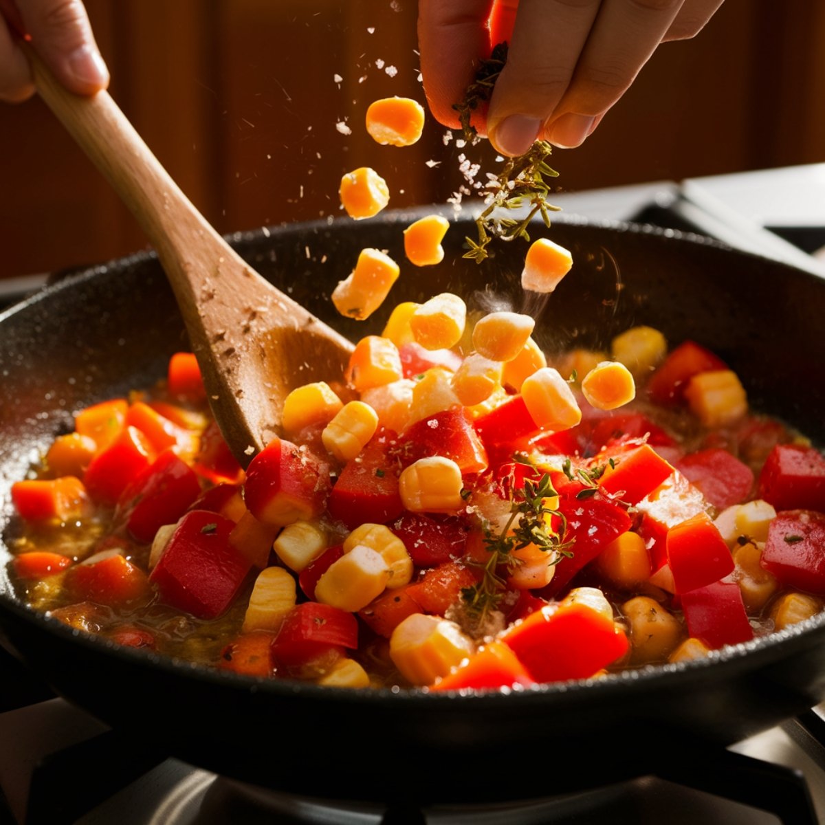 Cooking process for Tim Walz Hot Dish Recipe – A close-up shot of a black skillet on a stovetop with diced red bell peppers, carrots, and frozen corn being stirred with a wooden spoon. A hand sprinkles salt and fresh thyme over the sizzling vegetables, enhancing their flavor. The warm lighting highlights the vibrant colors and textures, creating a rich, home-cooked feel for this classic Minnesota comfort dish.